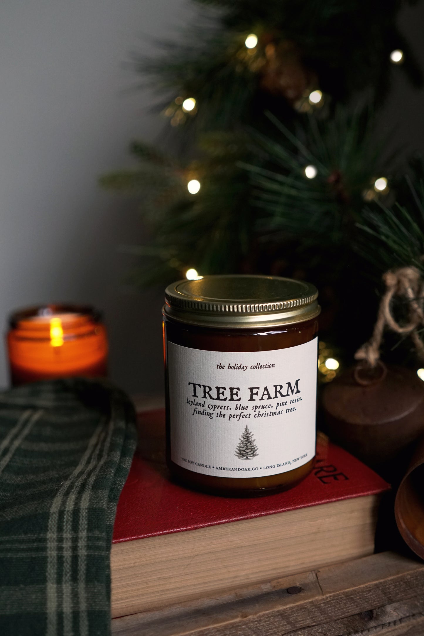 tree farm candle sitting on top of a book with a lit evergreen in the back